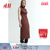 HM女装 显瘦垂褶高领长裙1265321 修身 连衣裙冬季 圆领无袖