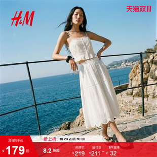 HM2026夏季新款女装镂空刺绣棉麻中长半身裙1000176