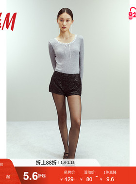 HM女装T恤冬季法式修身圆领蕾丝边长袖内搭上衣1272126