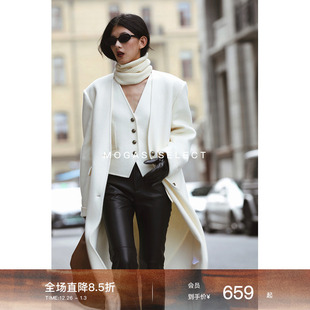 Mogas极简ROW风 无领双面毛呢大衣女秋冬 定制羊驼羊毛混花纱西装