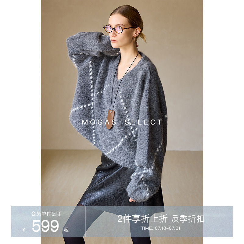 Mogas重磅羊驼毛菱格纹绒感毛衣