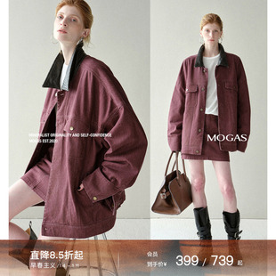 Mogas复古巴恩风 重磅做旧水洗牛仔拼接皮领夹克外套短半裙女春秋
