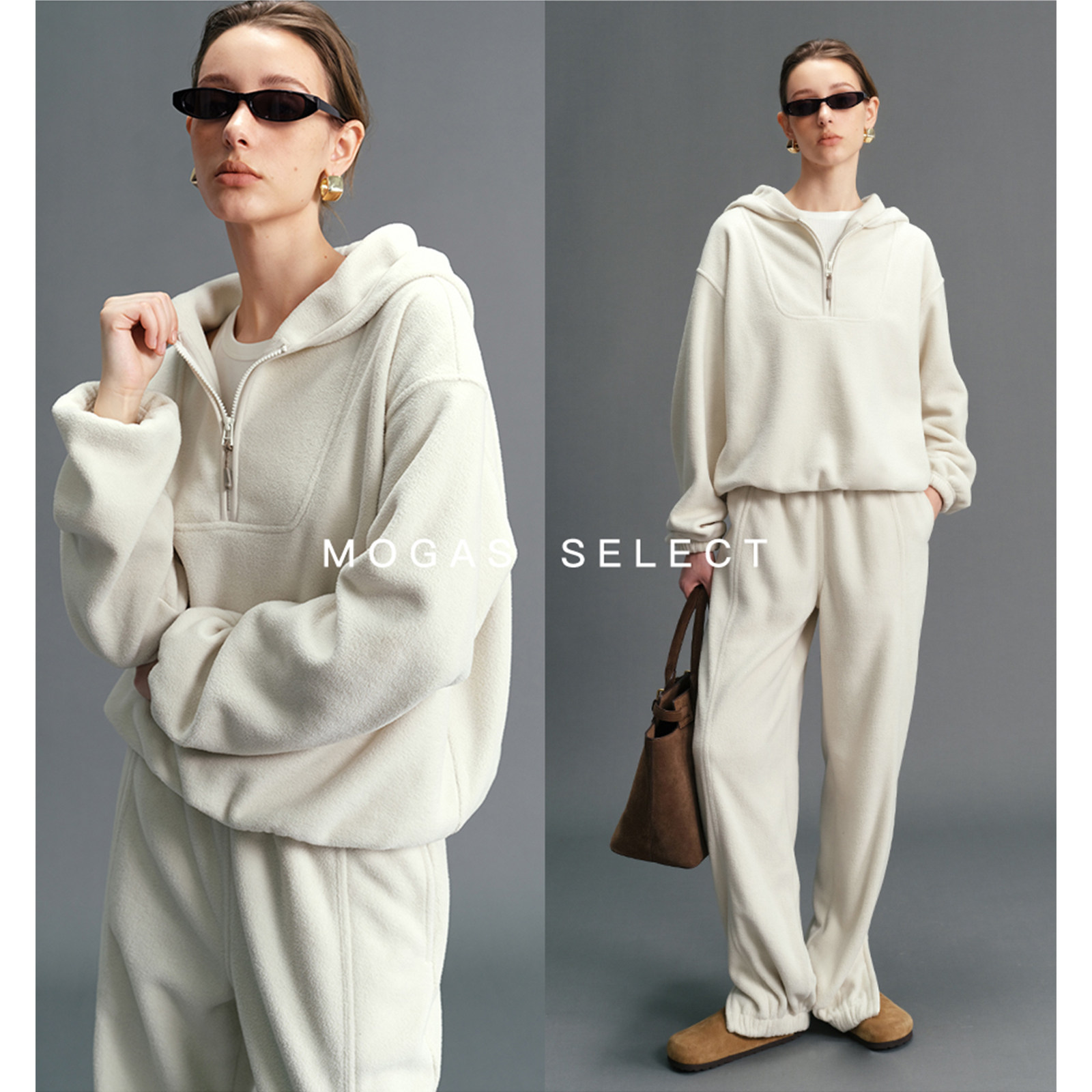 Mogas软糯舒芙蕾 环葆仿羊毛廓形显瘦连帽摇粒绒卫衣卫裤套装女冬