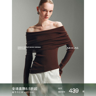 Mogas 2ways18针纯羊毛细坑条肌理一字斜肩荡领针织衫上衣女春秋