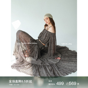 Mogas豹纹碎花系列 串珠挂脖上衣褶皱半身裙 复古一字肩度假灯笼袖