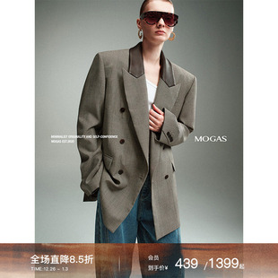 套装 裙裤 女秋 羊毛混纺威尔士格纹拼羊皮M1U风西装 Mogas高知穿搭