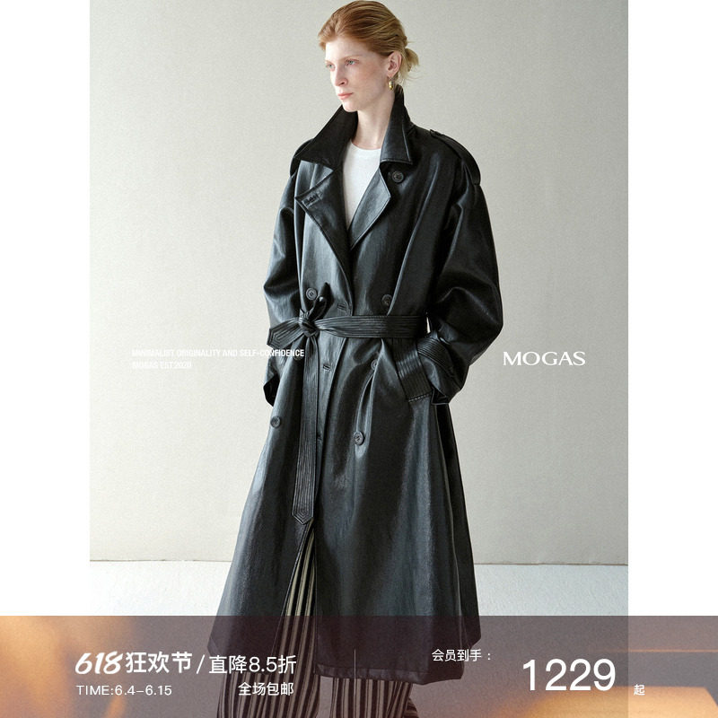 Mogas光影叙事 重工压线弹力金属丝经典廓形长款pu皮风衣外套女秋
