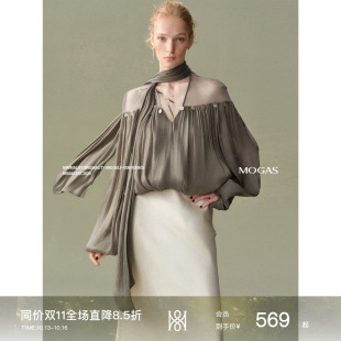现货Mogas微透星辰 缎面光泽质感灯笼长袖网纱拼接衬衫飘带女上衣