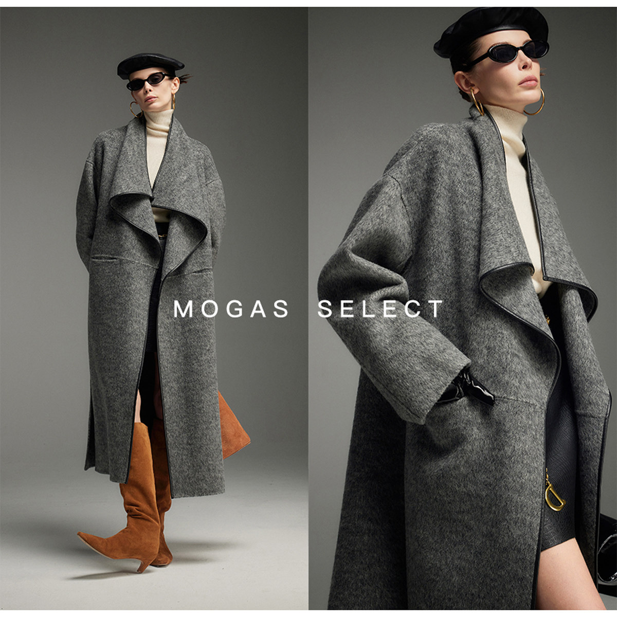 Mogas 重磅100支羊毛桑蚕丝混纺设计感拼皮中长款毛呢外套女秋冬Y,女装/女士精品,毛呢外套,淘宝优惠券,粉丝福利购,淘宝优惠卷