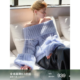 一字领绞花套头毛衣 Mogas重磅幼马海羊毛混纺慵懒灯笼袖 现货