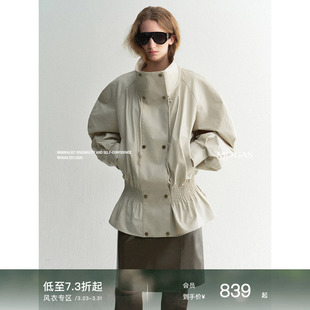 Mogas时髦精穿搭100纯棉涂层纸感立领低腰线复古风衣外套 现货