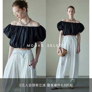 一字肩法式 Mogas重磅100纯棉立体显瘦褶皱花苞泡泡袖 短上衣女春夏