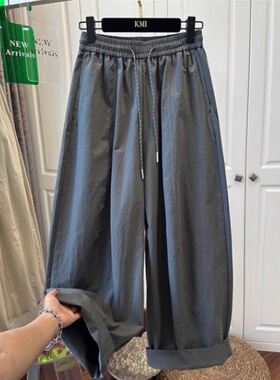 509#欧货灰绿色松紧腰抽绳休闲裤女弯刀裤宽松褶皱气球裤夏薄款