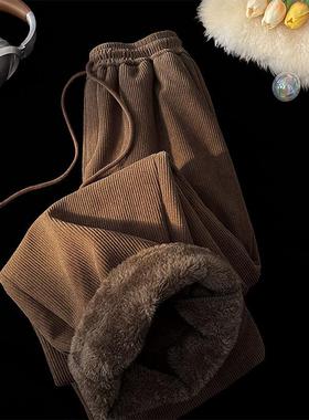 美式加绒加厚羊羔绒裤子男秋冬卫裤棉裤直筒阔腿裤灯芯绒休闲长裤