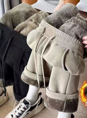 男士秋冬加绒加厚灯芯绒裤外穿保暖休闲长裤羊羔绒阔腿裤直筒卫裤