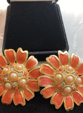 Vintage YOSCA重工橘色橙色华丽大尺寸珐琅太阳花向日葵中古耳夹