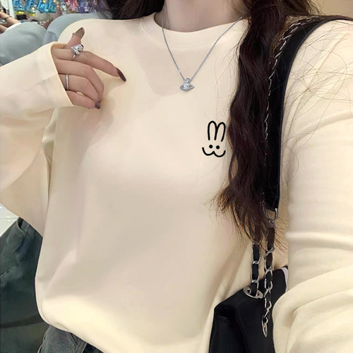 早春季气质上衣纯棉奶油色长袖t恤女2025新款打底衫内搭宽松小衫