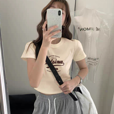 正肩独特漂亮修身纯棉洋气卡腰小个子短款短袖上衣女2025夏季新款