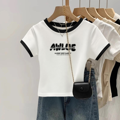 黑白撞色2025夏季新款正肩纯棉短袖t恤女独特别致小个子短款上衣