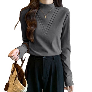 德绒加绒灰色内搭半高领长袖打底衫女2025新款秋冬时尚洋气时髦
