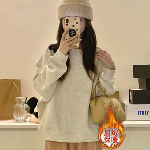 美式复古加绒加圆领卫衣女款无帽秋冬正肩长袖上衣女秋冬2025新款