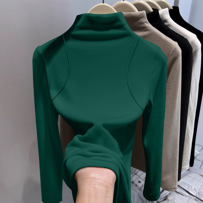 德绒绿色内搭半高领独特别致打底衫长袖上衣女2025新款秋冬高级感