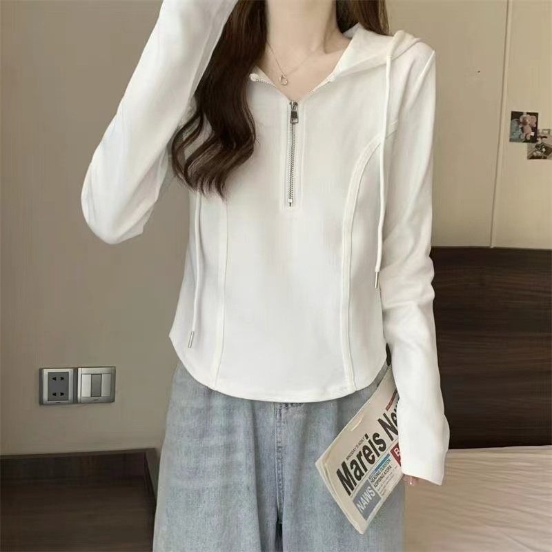 连帽长袖t恤女卫衣秋季打底衫内搭2025新款白色短款修身鱼骨上衣