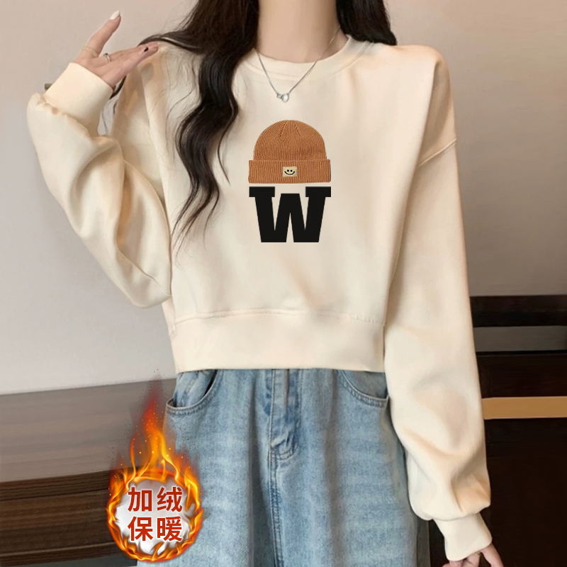 加绒加厚oversize美式高街短款无帽圆领卫衣女秋冬新款慵懒高级感