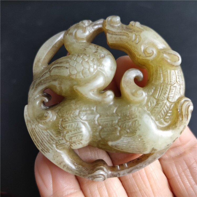 古玩玉器仿古做旧工艺品岫玉双面工镂空龙凤玉佩挂件吊坠手把件