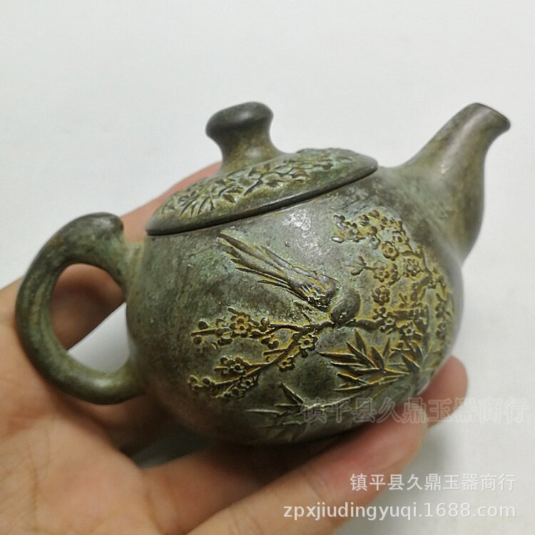 古玩杂项批发 仿古青铜茶壶摆件 家居办公铜器喜上梅梢小茶壶摆件