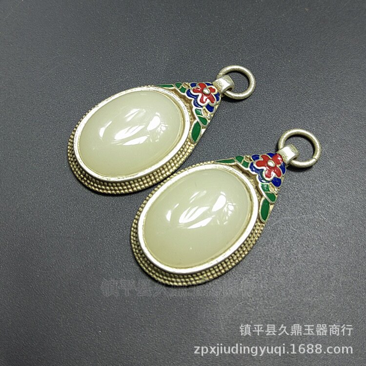 藏银镶嵌白玉圆牌挂件批发 藏式大号玉牌挂坠腰牌挂件批发