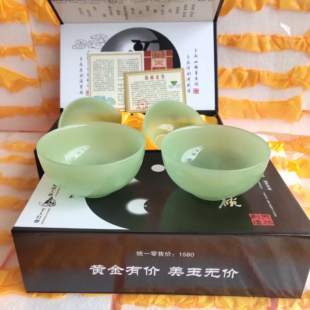 绿色玻璃仿玉碗宫廷风古装碧绿玉碗2只装养生琉璃玉碗礼盒款
