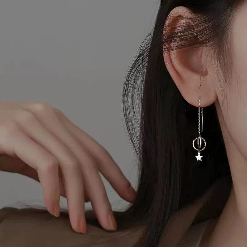 S999纯银耳环环相扣流苏耳线女新款轻奢小众星星长链条耳坠耳饰品