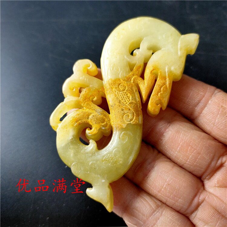 供应珠宝仿古做旧岫玉工艺品镂空龙凤纹雕刻玉佩怀旧古玩玉挂件