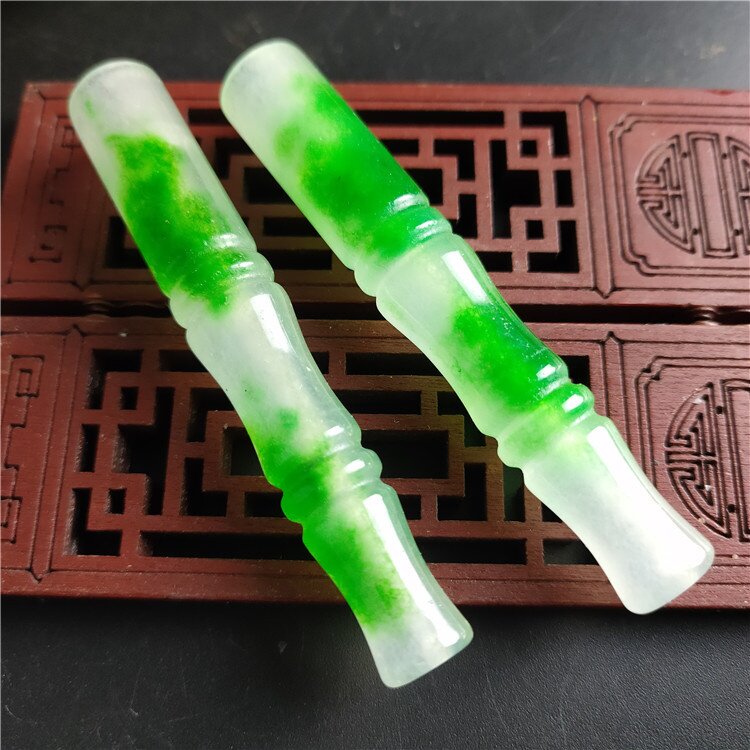 供应珠宝仿古翡翠巴山翠竹节烟嘴烟具冰糯种阳绿飘花烟嘴玉石烟嘴