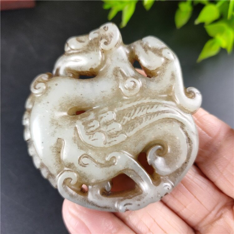 古玩玉器仿古做旧工艺品岫玉镂空高古玉双面工双凤挂件吊坠玉佩
