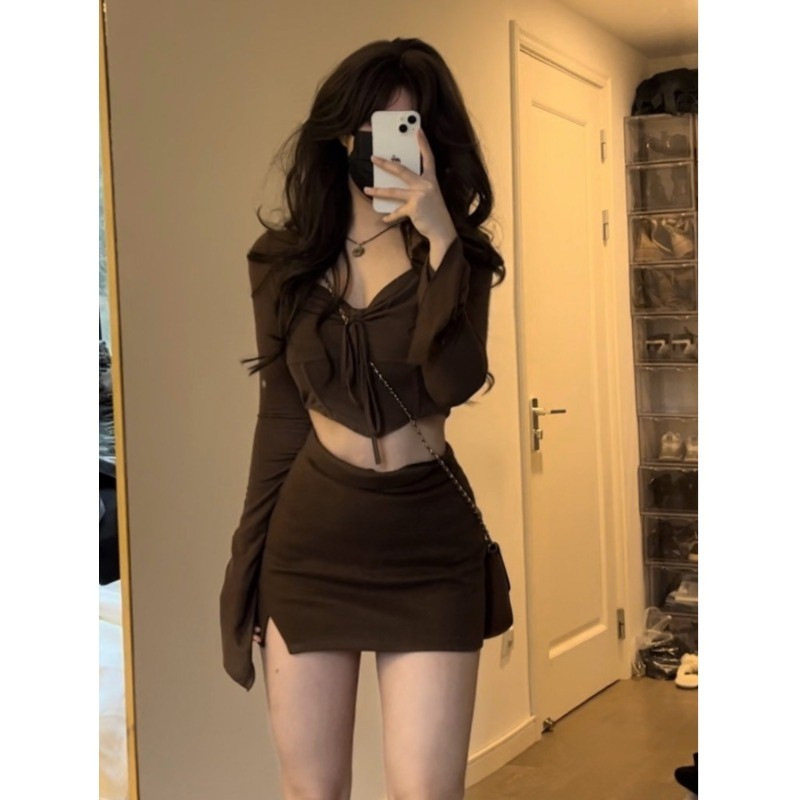 纯欲风辣妹小个子套装春秋甜美抽绳褶皱短款上衣+包臀短裙两件套