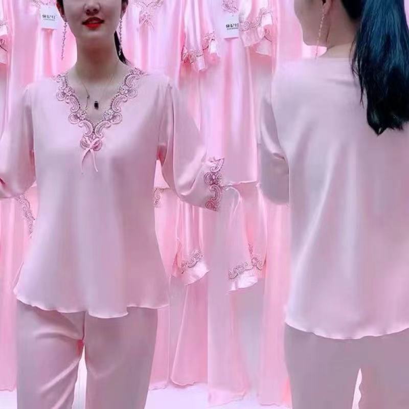 夏季睡衣女冰丝两件套长袖长裤性感丝绸仿真丝女士宽松家居服套装