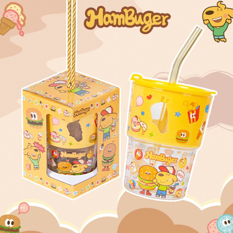 狗玻璃吸管杯子带盖子礼盒可爱卡通学生家用水杯生日礼物