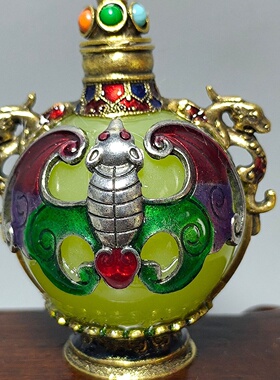 文玩仿古做旧鼻烟壶工艺品合金制镶嵌月光宝石鼻烟壶瓶摆件直播地