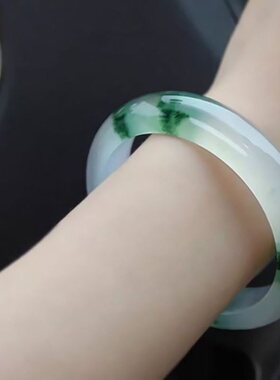 天然老冰种飘花手镯飘绿花正圈玉镯女款通透玉手镯