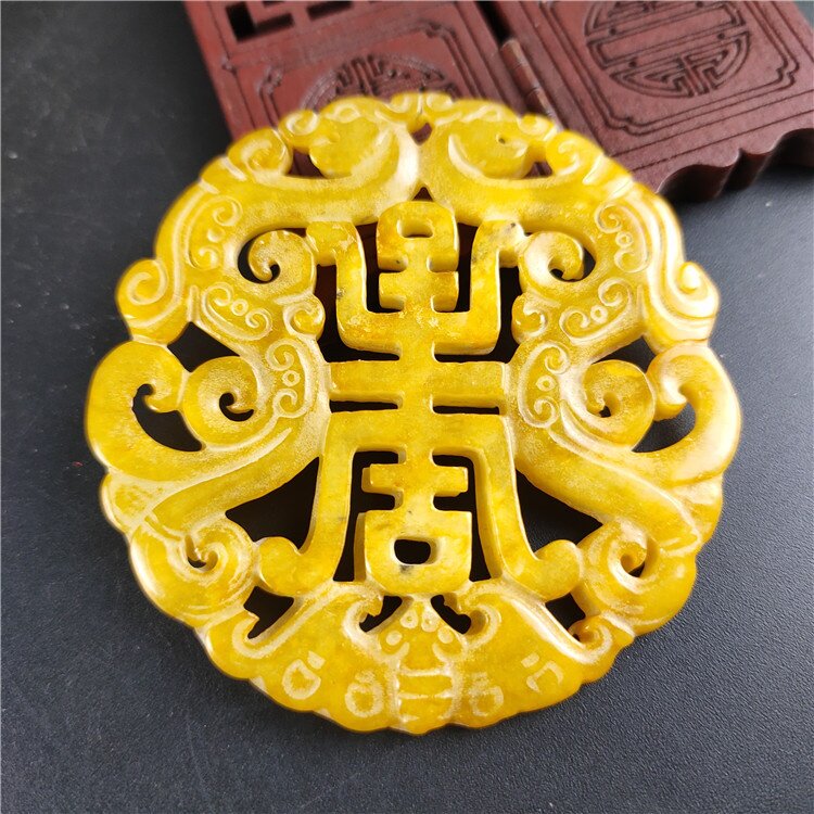 古玩玉器仿古做旧工艺品岫玉双面镂空双凤寿字挂件吊坠手把件批发