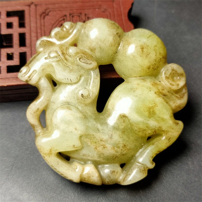 珠宝玉器仿古做旧工艺品岫玉雕刻马上有葫芦玉佩挂件生肖马吊坠
