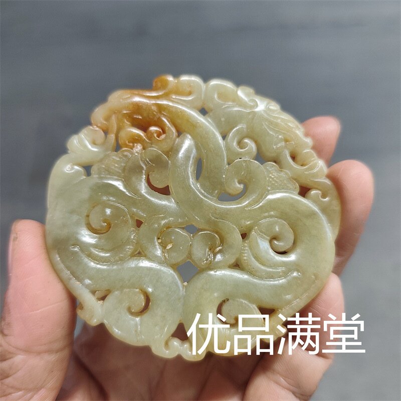 天然岫玉做旧工艺品镂空龙凤玉牌吊坠玉坠男女汉服项链挂件腰牌配
