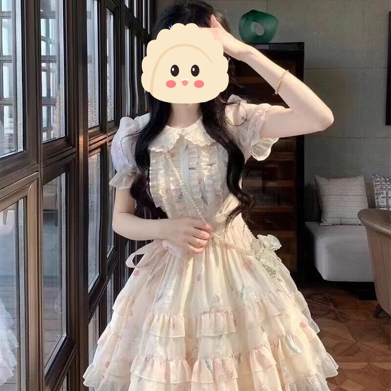 娃娃领甜美可爱小清新连衣裙夏季初中高中学生洛丽塔碎花公主裙子