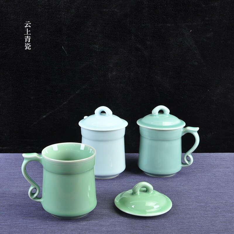 云上龙泉青瓷创意带盖马克杯可印LOGO陶瓷广告商务礼品茶水杯子