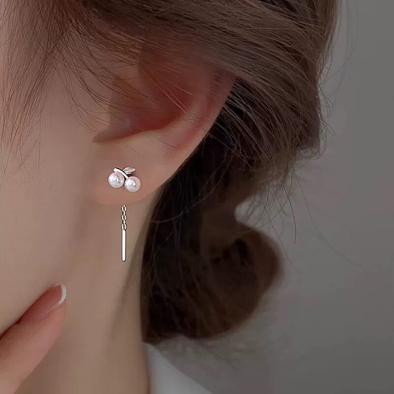 s999纯银樱桃耳线女轻奢时尚感耳环小巧气质百搭流苏耳饰