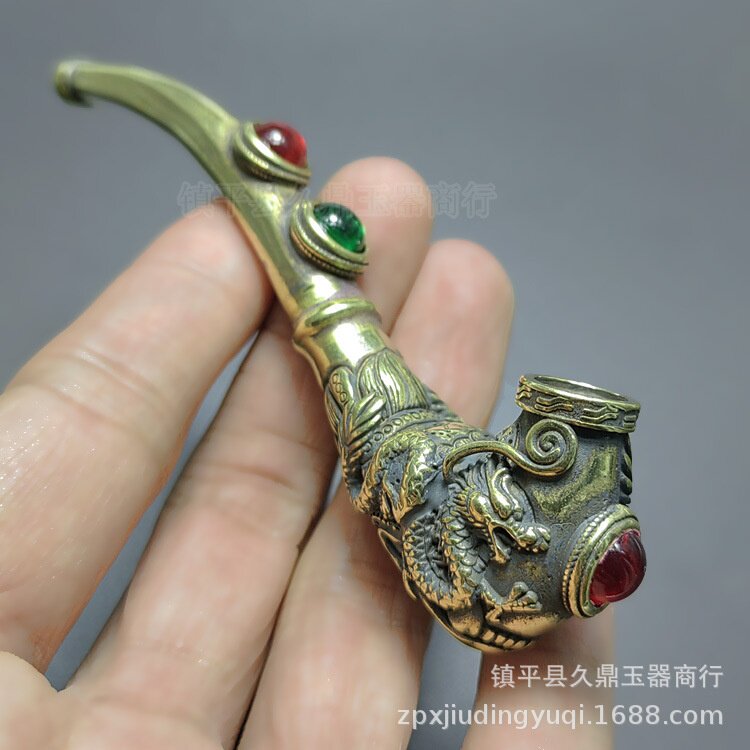黄铜镶嵌宝石烟斗批发 浮雕龙凤藏式老式烟斗家居摆件工艺品