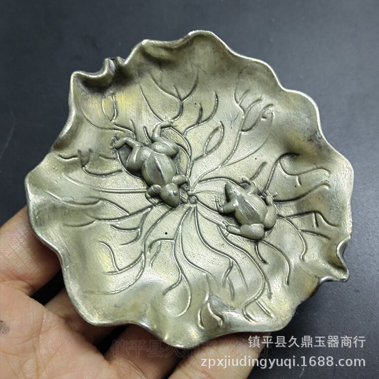 古玩杂项批发 仿古银饰白铜荷花小笔洗家居办公文房用品荷花墨碟