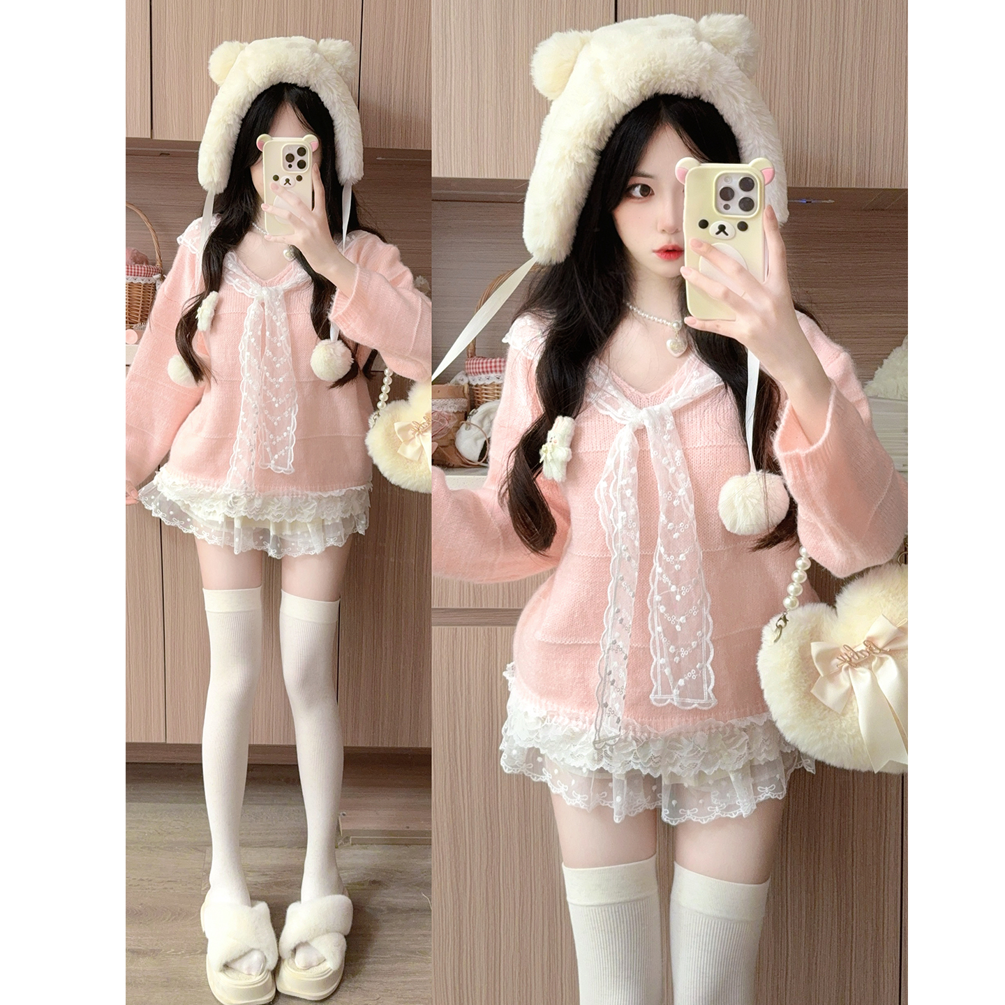 法式甜美蝴蝶结毛衣蕾丝拼接